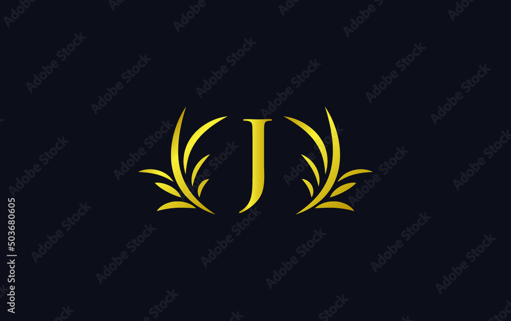 Golden laurel wreath leaf logo vector with the letters and alphabets J