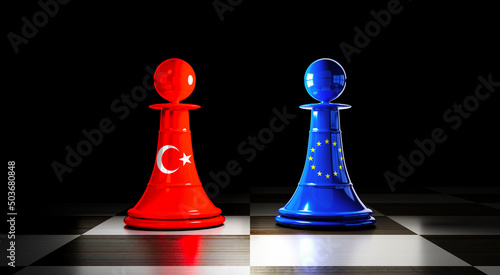 Canvastavla Turkey and European Union relations, chess pawns with flags - 3D illustration