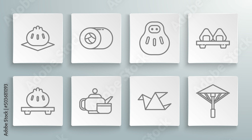 Set line Dumpling on cutting board, Sushi, Japanese tea ceremony, Origami bird, umbrella from the sun, Maneki neko cat, and Khinkali icon. Vector