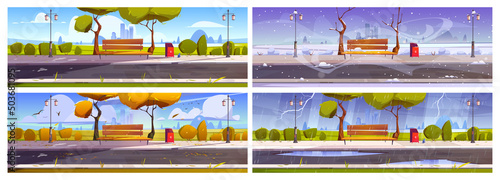 City park with trees, bench, and street lights at different seasons. Vector cartoon illustrations of summer, winter, spring, and autumn landscape of empty public garden