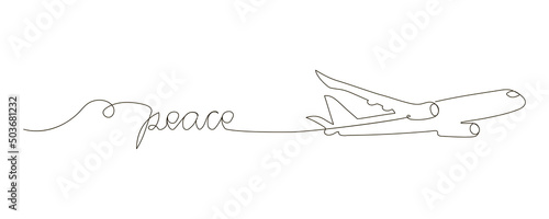 Peace continuous line drawing. One line art of english hand written lettering with plane in the sky, flight.
