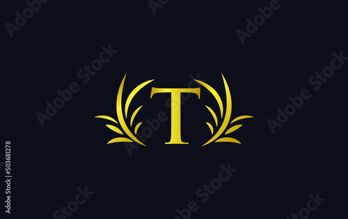 Golden laurel wreath leaf logo vector with the letters and alphabets T