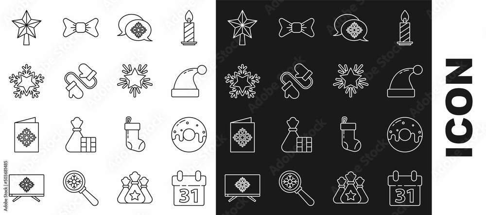 Set line Calendar, Donut with sweet glaze, Christmas Santa Claus hat, Snowflake speech bubble, Pair of knitted christmas mittens, star and icon. Vector Set line Calendar, Donut with sweet glaze, Christmas Santa Claus hat, Snowflake speech bubble, Pair of knitted christmas mittens, star and icon. Vector