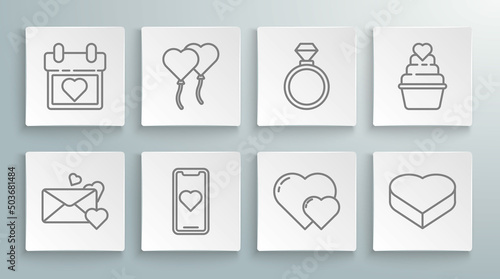 Set line Envelope with heart, Balloons in form of, Mobile phone, Heart, Candy shaped box, Wedding rings, and Calendar icon. Vector