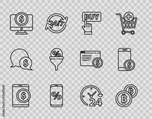 Set line Tablet with dollar, Cryptocurrency coin Bitcoin, Buy button, Percent discount and mobile, Computer monitor, Lead management, Clock 24 hours and Smartphone icon. Vector
