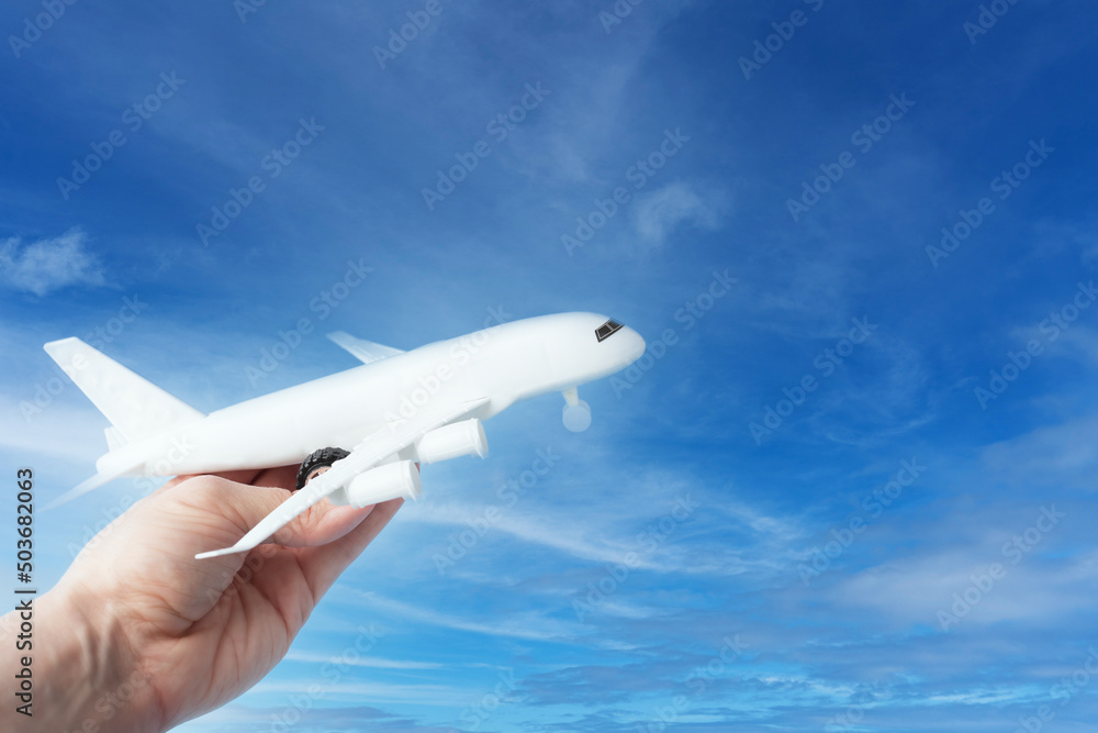 travel,tourism and vacation,holidays,air travel insurance,air tickets online booking,airplane in hand on sky background
