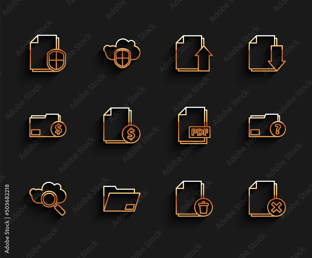 Set line Search cloud computing, Document folder, protection concept, Delete file document, Finance, Unknown and PDF icon. Vector Set line Search cloud computing, Document folder, protection concept, Delete file document, Finance, Unknown and PDF icon. Vector