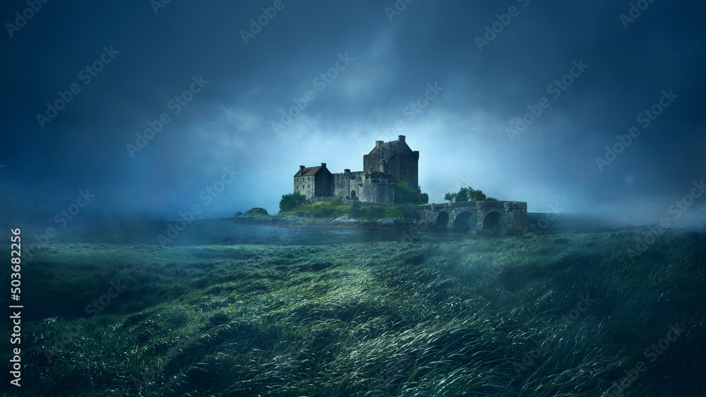 Scary and mystic theme, ancient castles, rocks and mountains in fog. Conceptual background for your design, poster, ad.