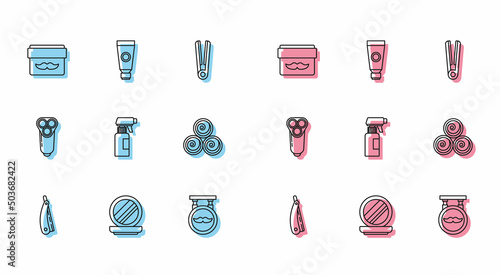 Set line Straight razor, Makeup powder with mirror, Cream lotion cosmetic jar, Barbershop, Hairdresser pistol spray bottle, Towel rolls, Electric blade for men and tube icon. Vector