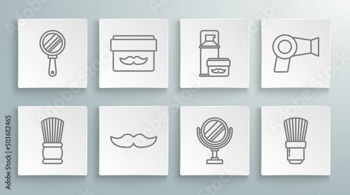 Set line Shaving brush, Cream or lotion cosmetic jar, Mustache, Round makeup mirror, gel foam, Hair dryer and Hand icon. Vector