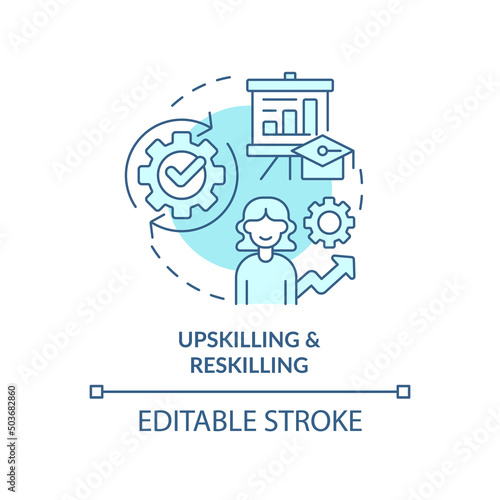 Upskilling and reskilling turquoise concept icon. Learning approach abstract idea thin line illustration. Competencies. Isolated outline drawing. Editable stroke. Arial, Myriad Pro-Bold fonts used