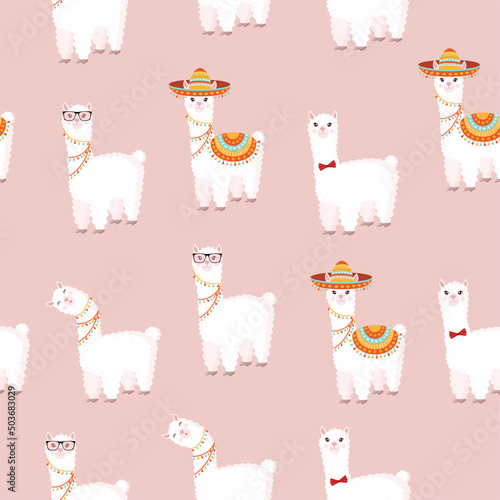 Seamless pattern with funny llamas in sombrero and glasses on a pink background. Vector illustration suitable for baby texture, textile, fabric, poster, greeting card, decor. Cute alpaca from Peru.