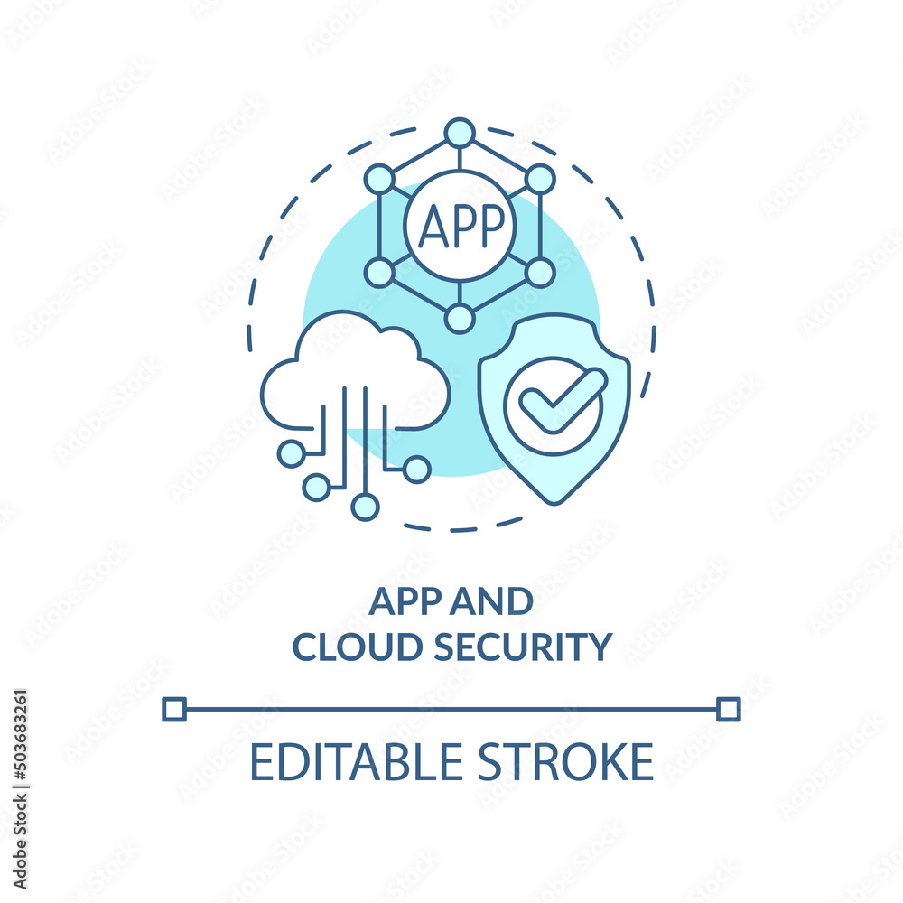 App and cloud security turquoise concept icon. Tech skill in demand abstract idea thin line illustration. Software. Isolated outline drawing. Editable stroke. Arial, Myriad Pro-Bold fonts used App and cloud security turquoise concept icon. Tech skill in demand abstract idea thin line illustration. Software. Isolated outline drawing. Editable stroke. Arial, Myriad Pro-Bold fonts used