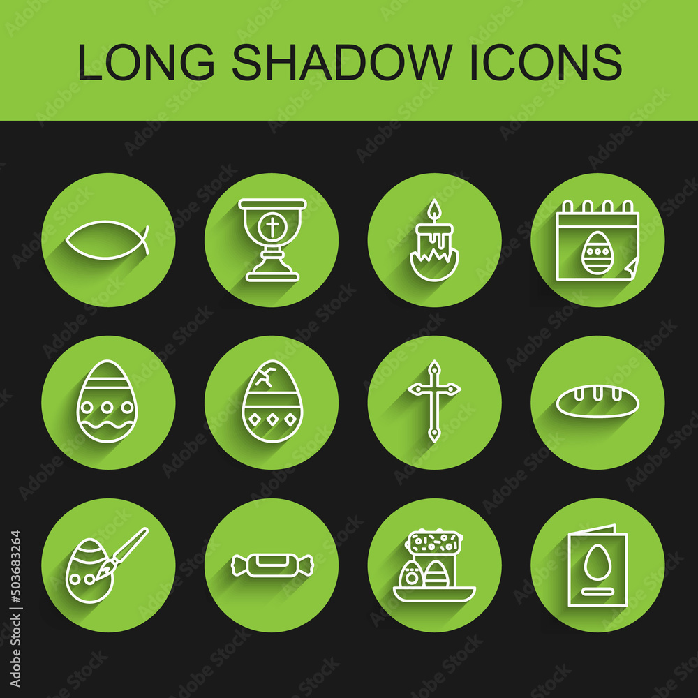 Set line Easter egg and paint brush, Candy, Christian fish, cake eggs, Greeting card with Happy, Cracked, Bread loaf and cross icon. Vector Set line Easter egg and paint brush, Candy, Christian fish, cake eggs, Greeting card with Happy, Cracked, Bread loaf and cross icon. Vector