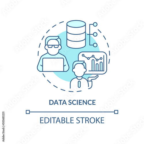 Data science turquoise concept icon. Learning top digital skill abstract idea thin line illustration. Big data analysis. Isolated outline drawing. Editable stroke. Arial, Myriad Pro-Bold fonts used