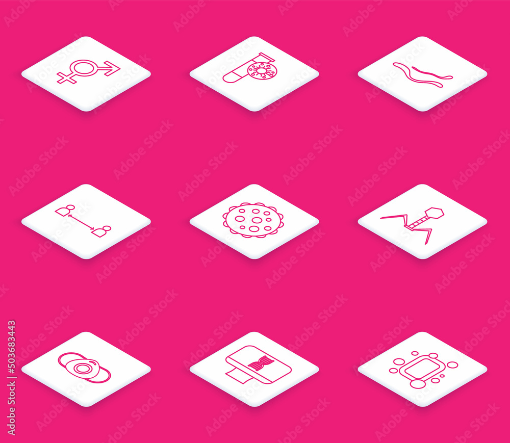 Set line Gender, Test tube with virus, Ebola disease, Safe distance, Virus, Bacteria bacteriophage, Medical protective mask and DNA spiral and computer icon. Vector Set line Gender, Test tube with virus, Ebola disease, Safe distance, Virus, Bacteria bacteriophage, Medical protective mask and DNA spiral and computer icon. Vector