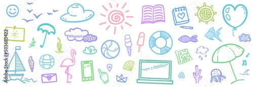 Hand drawn colored holiday elements. Colorful sketchy doodles. Summer holidays. Freehand signs and symbols. Vacation trip. Web banner design