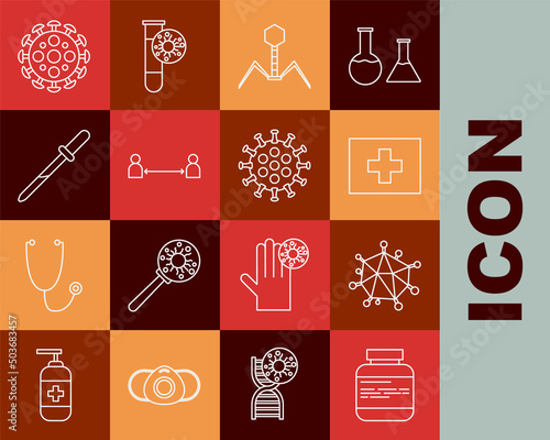 Set line Medicine bottle and pills, Virus, First aid kit, Bacteria bacteriophage, Safe distance, Pipette, and icon. Vector