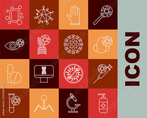Set line Bottle of liquid antibacterial soap, Syringe and virus, Runny nose, Medical rubber gloves, DNA symbol, Reddish eye due to, Bar and Virus icon. Vector
