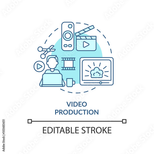 Video production turquoise concept icon. In demand skill for freelancing abstract idea thin line illustration. Isolated outline drawing. Editable stroke. Arial, Myriad Pro-Bold fonts used