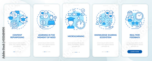 Top skills to learn blue onboarding mobile app screen. Microlearning walkthrough 5 steps graphic instructions pages with linear concepts. UI, UX, GUI template. Myriad Pro-Bold, Regular fonts used