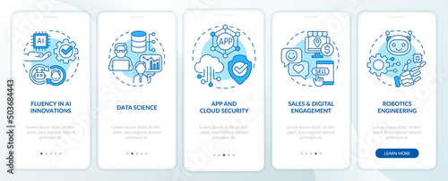 Learning top digital skills blue onboarding mobile app screen. Walkthrough 5 steps graphic instructions pages with linear concepts. UI, UX, GUI template. Myriad Pro-Bold, Regular fonts used