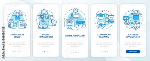 Top skills for college student resume blue onboarding mobile app screen. Walkthrough 5 steps graphic instructions pages with linear concepts. UI, UX, GUI template. Myriad Pro-Bold, Regular fonts used