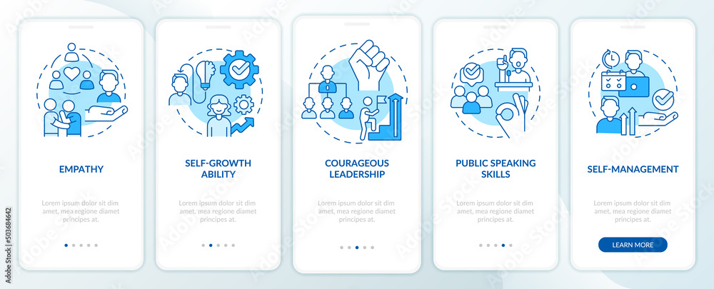In demand soft skills blue onboarding mobile app screen. Leadership ...