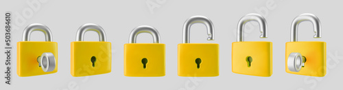 3d yellow locked and unlocked padlock icon set with key isolated on gray background. Render minimal padlock with a keyhole. Confidentiality and security concept. 3d cartoon simple vector illustration