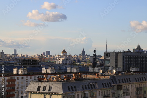Photography Panorama of Moscow with a view of the Cathedral of Christ the Savior, the monument to Peter I, and other sights of the city on a spring day with expressive clouds in the blue sky