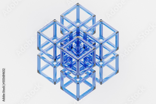 3d illustration of transparent cubes.Set of squares on monocrome background, pattern. Geometry background
