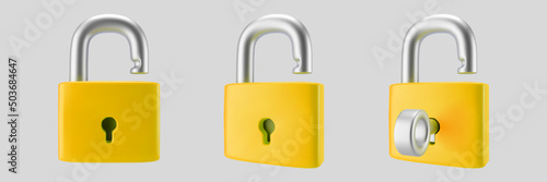 3d yellow unlocked padlock icon set with key isolated on gray background. Render minimal open padlock with a keyhole. Confidentiality and security concept. 3d cartoon simple vector illustration.