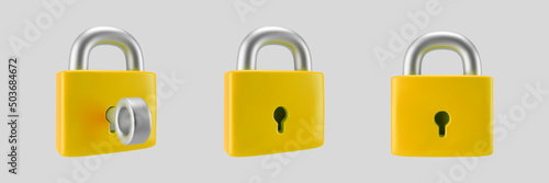 3d yellow locked padlock icon set with key isolated on gray background. Render minimal closed padlock with a keyhole. Confidentiality and security concept. 3d cartoon simple vector illustration.