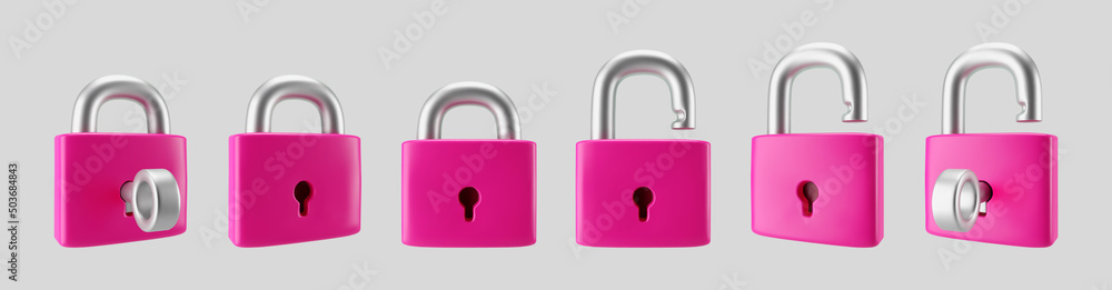 3d pink locked and unlocked padlock icon set with key isolated on gray background. Render minimal padlock with a keyhole. Confidentiality and security concept. 3d cartoon simple vector illustration. 3d pink locked and unlocked padlock icon set with key isolated on gray background. Render minimal padlock with a keyhole. Confidentiality and security concept. 3d cartoon simple vector illustration.
