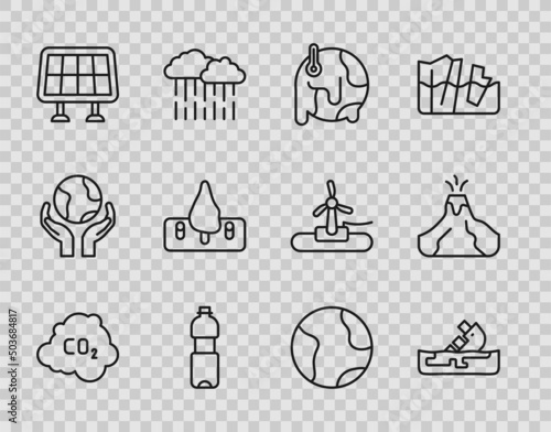 Set line CO2 emissions in cloud, Wrecked oil tanker ship, Global warming, Bottle of water, Solar energy panel, Deforestation, Earth globe and Volcano eruption with lava icon. Vector