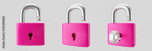 3d pink unlocked padlock icon set with key isolated on gray background. Render minimal open padlock with a keyhole. Confidentiality and security concept. 3d cartoon simple vector illustration.