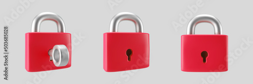 3d red locked padlock icon set with key isolated on gray background. Render minimal closed padlock with a keyhole. Confidentiality and security concept. 3d cartoon simple vector illustration.