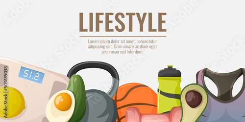 Healthy lifestyle, fitness background. Vector illustration with floor scales, dumbbell, kettlebell, sports bra, water bottle, basketball, organic food, avocado, boiled egg, lemon for banner, website