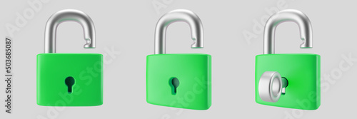 3d green unlocked padlock icon set with key isolated on gray background. Render minimal open padlock with a keyhole. Confidentiality and security concept. 3d cartoon simple vector illustration.