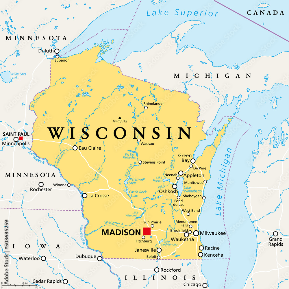 Wisconsin, WI, political map, with the capital Madison and metropolitan area Milwaukee. State in the upper Midwestern United States of America, with the nicknames Badger State, and Americas Dairyland. - obrazy, fototapety, plakaty 