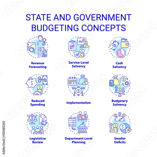 State and government budgeting concept icons set. Financial program idea thin line color illustrations. Isolated symbols. Editable stroke. Roboto-Medium, Myriad Pro-Bold fonts used