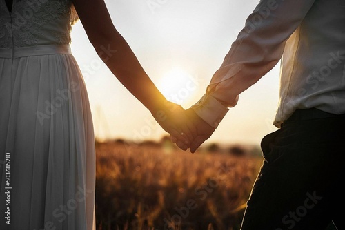 couple holding hands on sunset