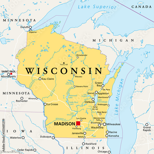 Wisconsin, WI, political map, with the capital Madison and metropolitan area Milwaukee. State in the upper Midwestern United States of America, with the nicknames Badger State, and Americas Dairyland. photo