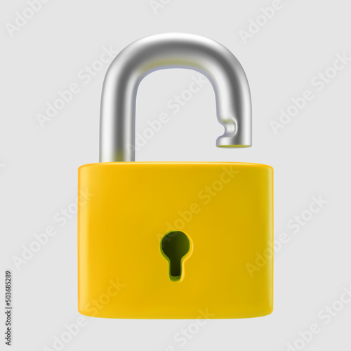 3d yellow unlocked padlock icon isolated on gray background. Render minimal open padlock with a keyhole. Confidentiality and security concept. 3d cartoon simple vector illustration