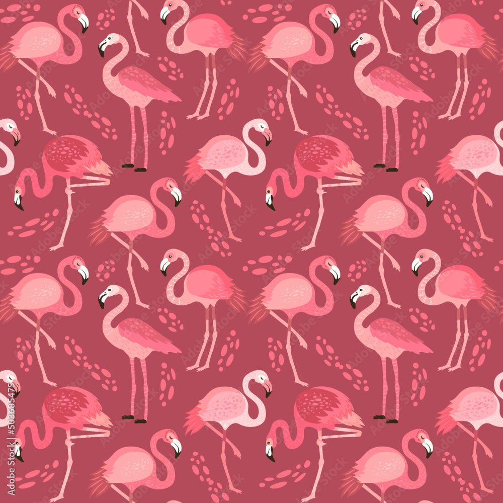 pink flamingos in different poses. seamless pattern. vector image. background with exotic birds, tropical plants, flowers and leaves pink flamingos in different poses. seamless pattern. vector image. background with exotic birds, tropical plants, flowers and leaves