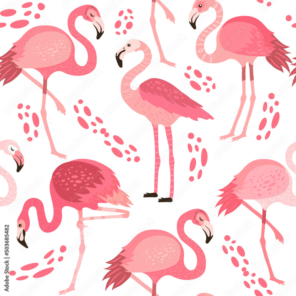 Fototapeta premium pink flamingos in different poses. seamless pattern. vector image. background with exotic birds, tropical plants, flowers and leaves