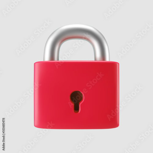 3d red locked padlock icon isolated on gray background. Render minimal closed padlock with a keyhole. Confidentiality and security concept. 3d cartoon simple vector illustration