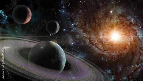 Space flight slowly moving through universe among planets galaxies stars and nebulae