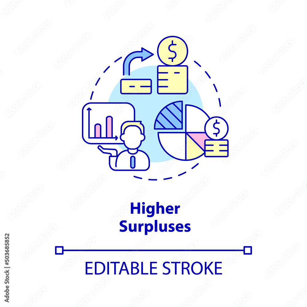Higher surpluses concept icon. Income exceeds spending. Balanced budget requirement abstract idea thin line illustration. Isolated outline drawing. Editable stroke. Arial, Myriad Pro-Bold fonts used Higher surpluses concept icon. Income exceeds spending. Balanced budget requirement abstract idea thin line illustration. Isolated outline drawing. Editable stroke. Arial, Myriad Pro-Bold fonts used