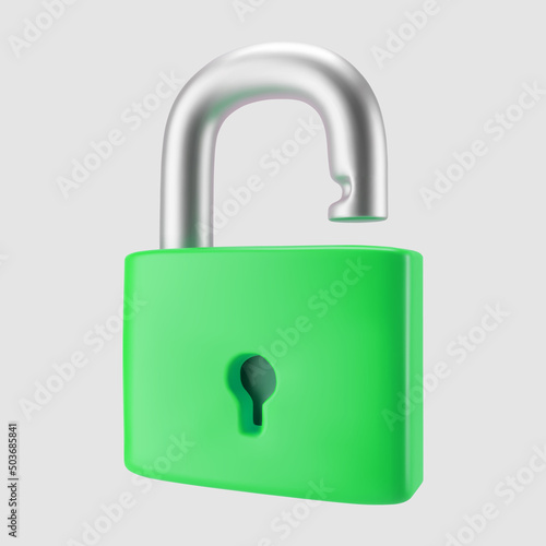 3d green unlocked padlock icon isolated on gray background. Render minimal open padlock with a keyhole. Confidentiality and security concept. 3d cartoon simple vector illustration